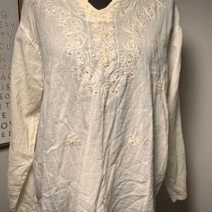 Embroidered V-Neck Cotton Tunic Blouse - Cream sequence